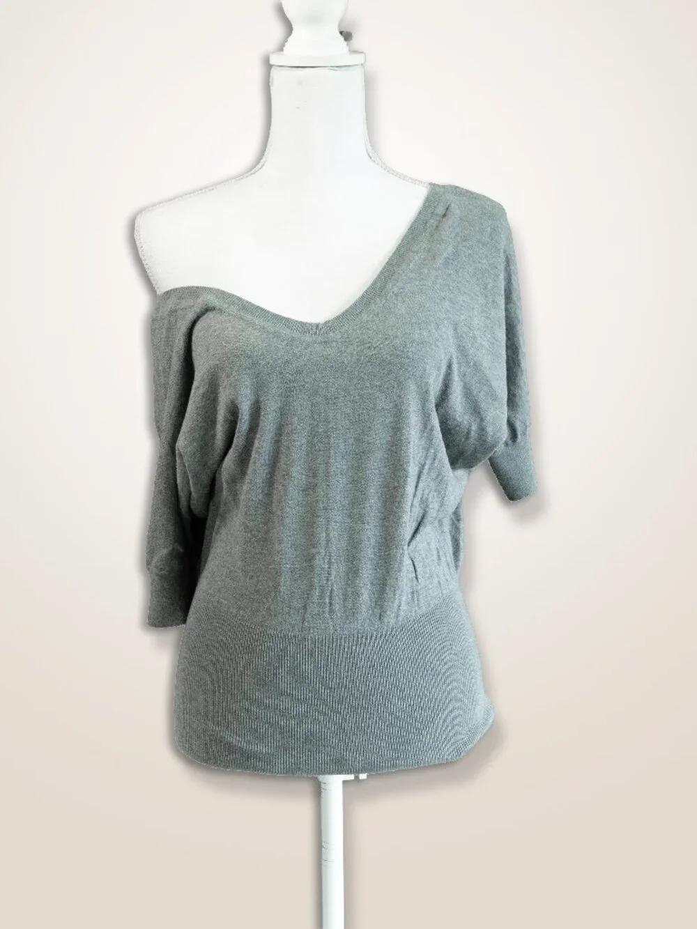Express Slouchy Cotton Top Heather Grey Off Shoulder Deep Vee Minimal Effortless